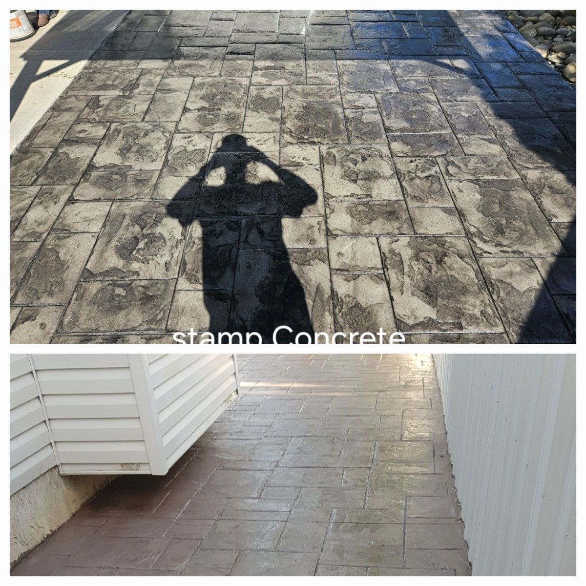 A before and after photo of a stamped concrete walkway