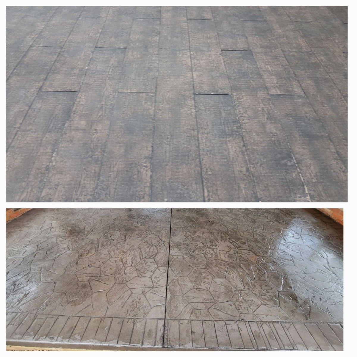 A before and after picture of a concrete floor that looks like wood