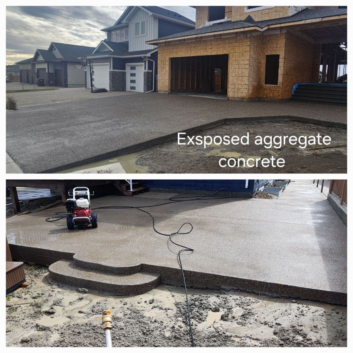 A before and after picture of an exposed aggregate concrete driveway.