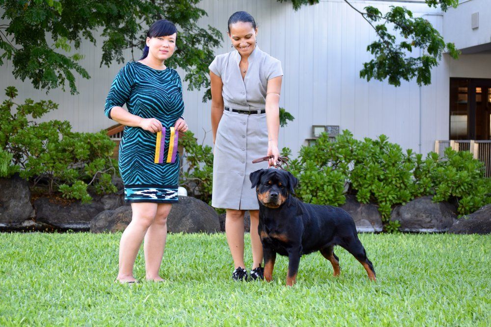 Maluhia and two woman — Kailua, HI — Von Lotus Haus Dogs