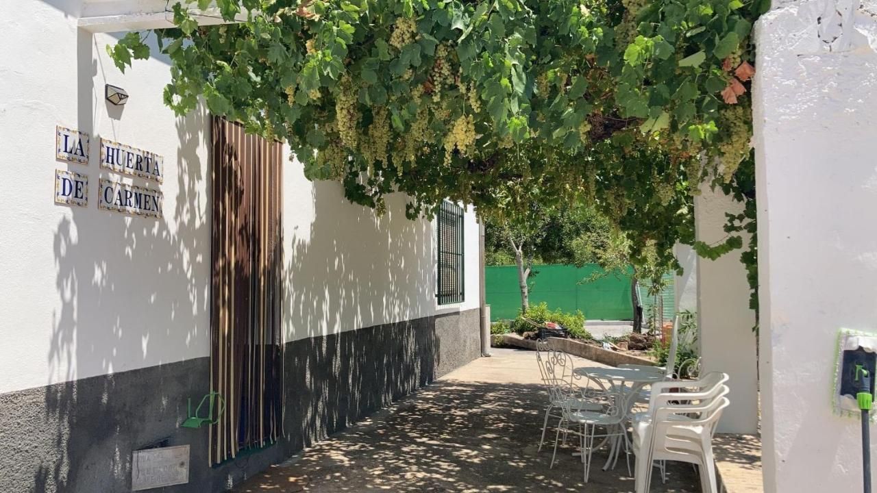 Las vides dan sombra a un edificio blanco con puerta de madera. Debajo, unas sillas blancas y una mesa.