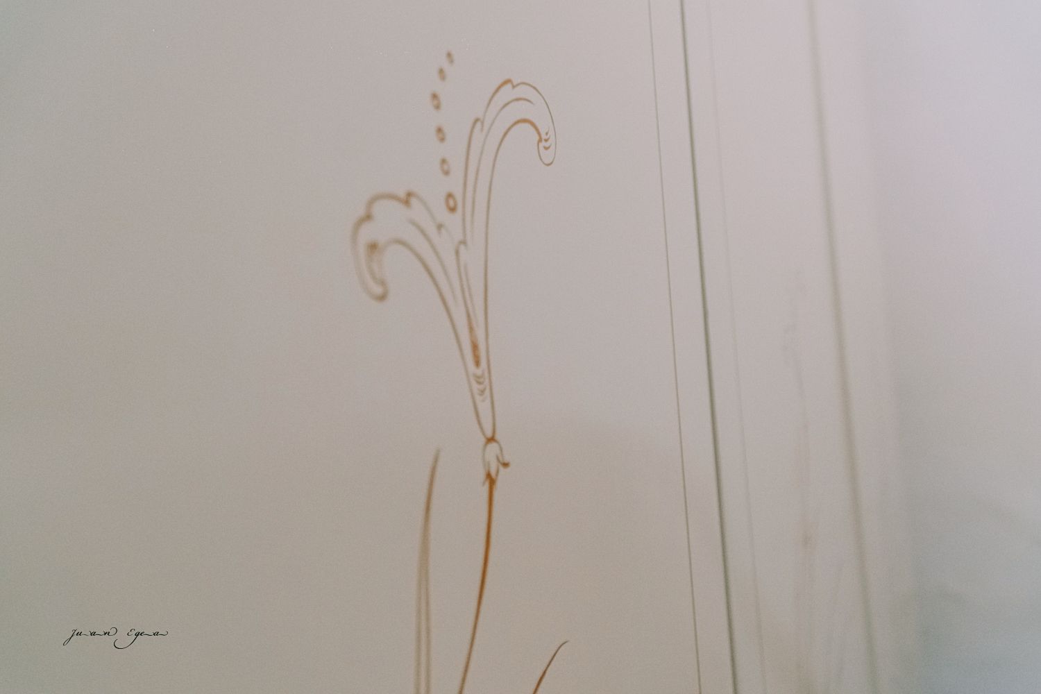 Diseño floral color canela sobre una pared blanca.