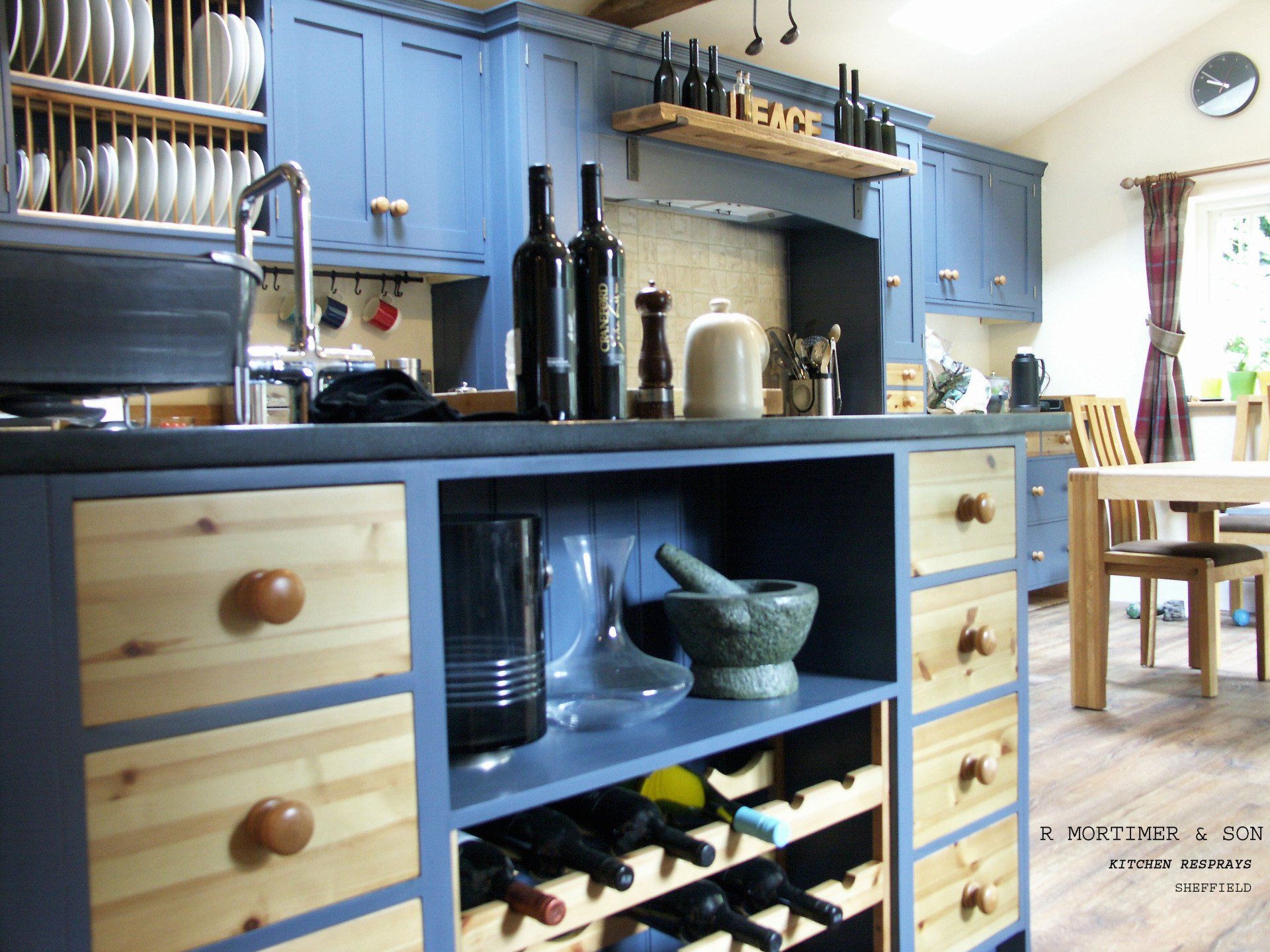 Kitchen Painting & Kitchen Resprays in Sheffield. Kitchen paint colour Stiffkey Blue spray painted by R Mortimer & Son Sheffield