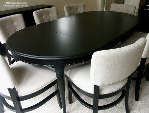Black table upholstered dining chairs in cream