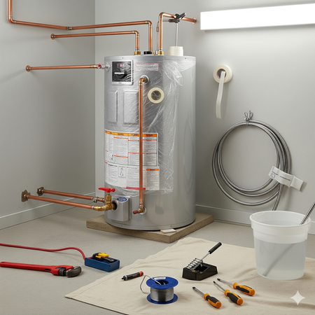 Water heater installation setup, with tools and copper pipes in a utility room.