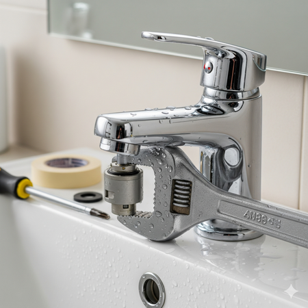 A chrome faucet being repaired with a wrench, screwdriver, tape, and replacement parts on a white sink.