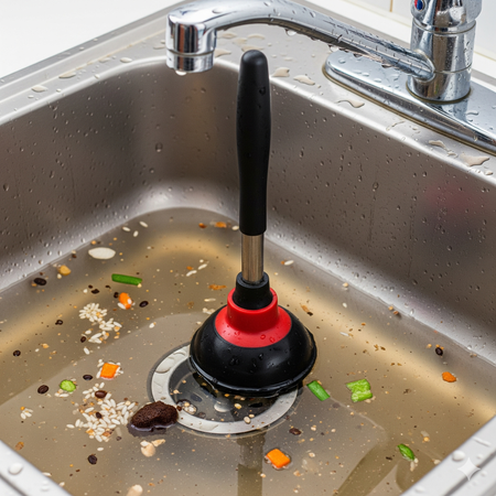 Plunger in a kitchen sink with food debris and standing water.