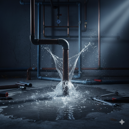 Water gushing from a broken pipe in a dark basement, surrounded by scattered tools and puddles.