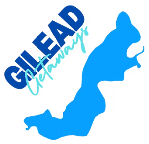 Logo for Gilead Getaways, featuring blue lake shape and text.