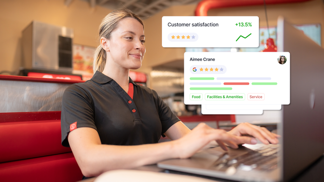 woman at laptop looking at reviews and google listings