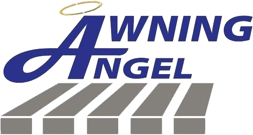 Logo for Awning Angel, blue and white text with a halo above the blue 