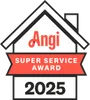 Angi Super Service Award 2025 badge: white house outline over red banner with 