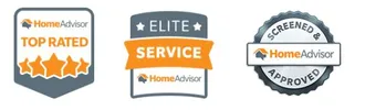HomeAdvisor badges: Top Rated, Elite Service, and Screened & Approved.