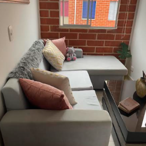 Cozy living room with gray sectional sofa, brick wall, window, and decorative pillows.