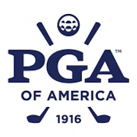 PGA of America logo with text and golf ball/clubs; navy blue on white background; established 1916.