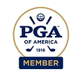 PGA of America Member logo: blue and white text on a gold and blue circular design.