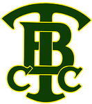 Dark green logo, "TBC" letters intertwined, with yellow outline.