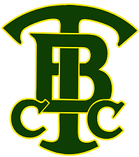 Dark green logo, "TBC" letters intertwined, with yellow outline.