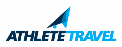 Athlete Travel logo with a blue abstract arrow and text.