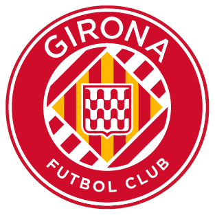 Girona Fútbol Club logo: red circle with white text, containing a central diamond-shaped emblem in red, yellow, and white.