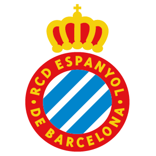 Emblem of RCD Espanyol de Barcelona, with a red circular border, blue and white stripes, and a gold crown.