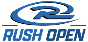 Blue logo with a stylized "R" inside a circular design, the words "RUSH OPEN" below.