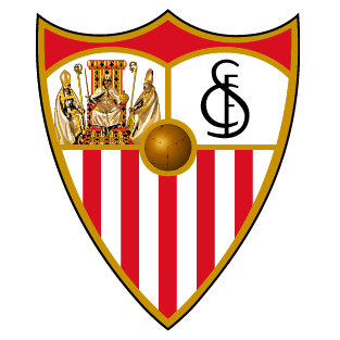 Sevilla FC crest: shield with red and white stripes, gold trim, figures, and