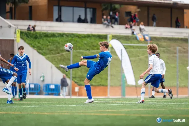 Soccer player in blue uniform kicking ball on green field.