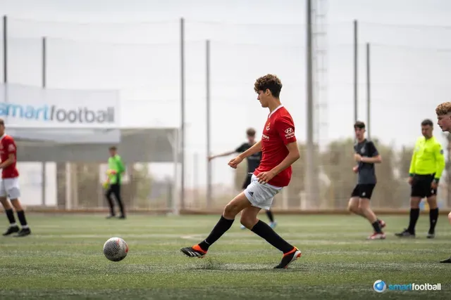 Soccer player in red jersey kicking the ball on a green field. Other players and spectators in the background.