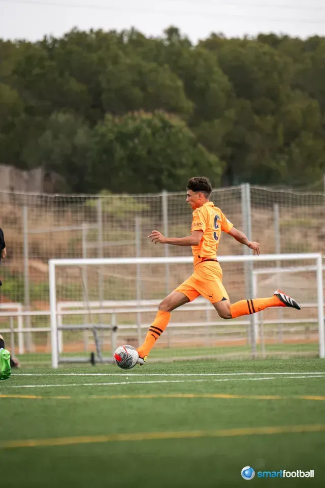 Soccer player in orange uniform kicks the ball on a green field.