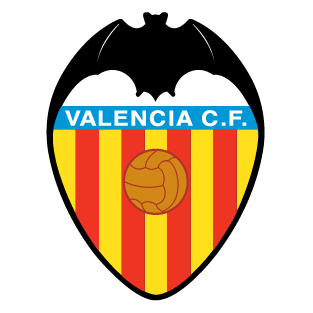 Valencia CF club crest: black bat atop a shield with red and yellow stripes, a soccer ball, and