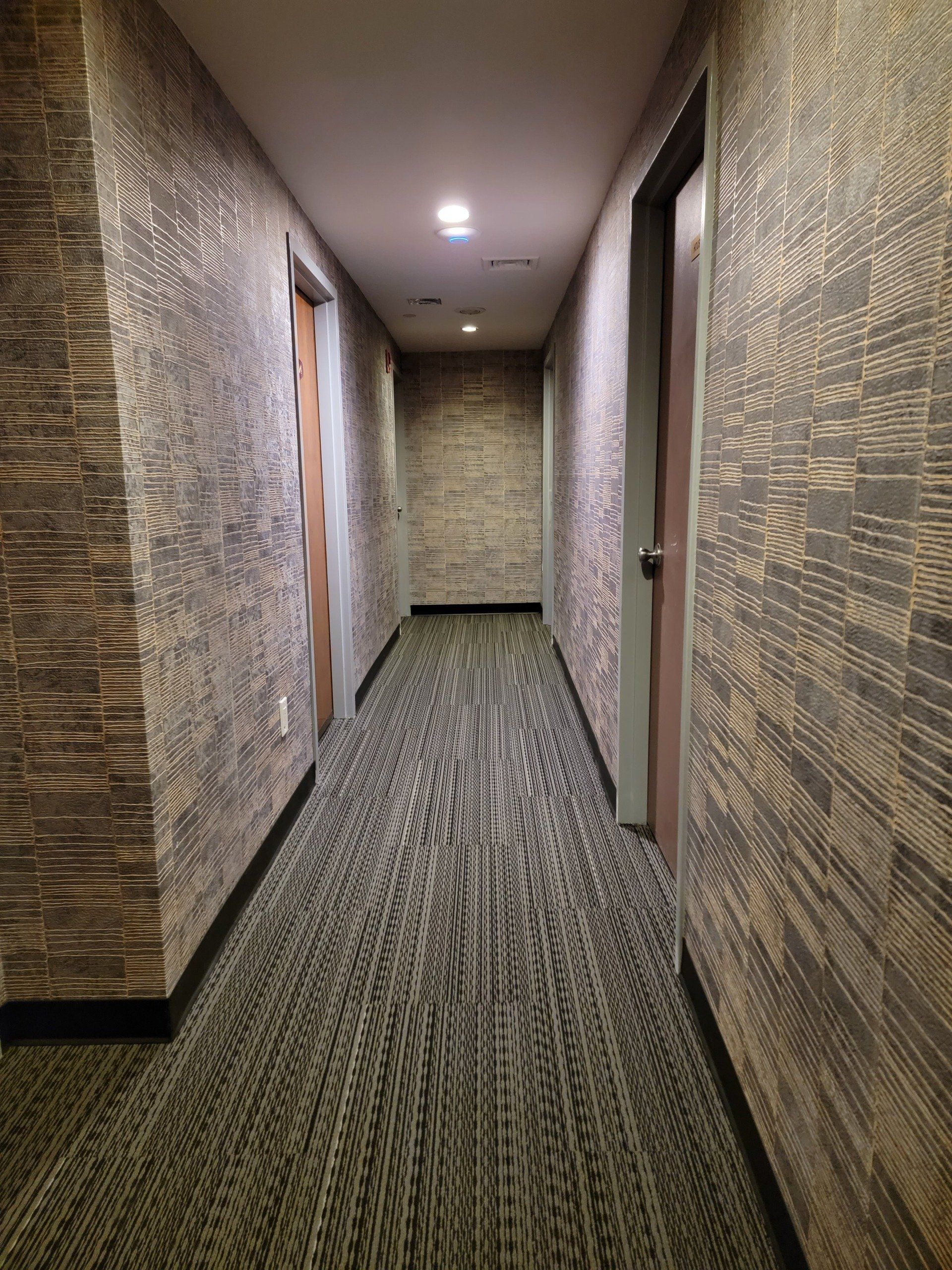 A long hallway with a leopard print carpet and brick walls.