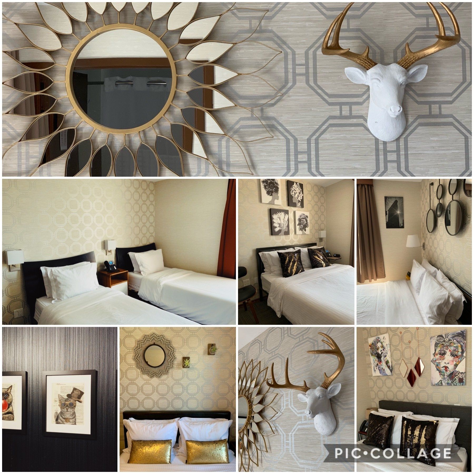 A collage of pictures of a bedroom with a deer head on the wall