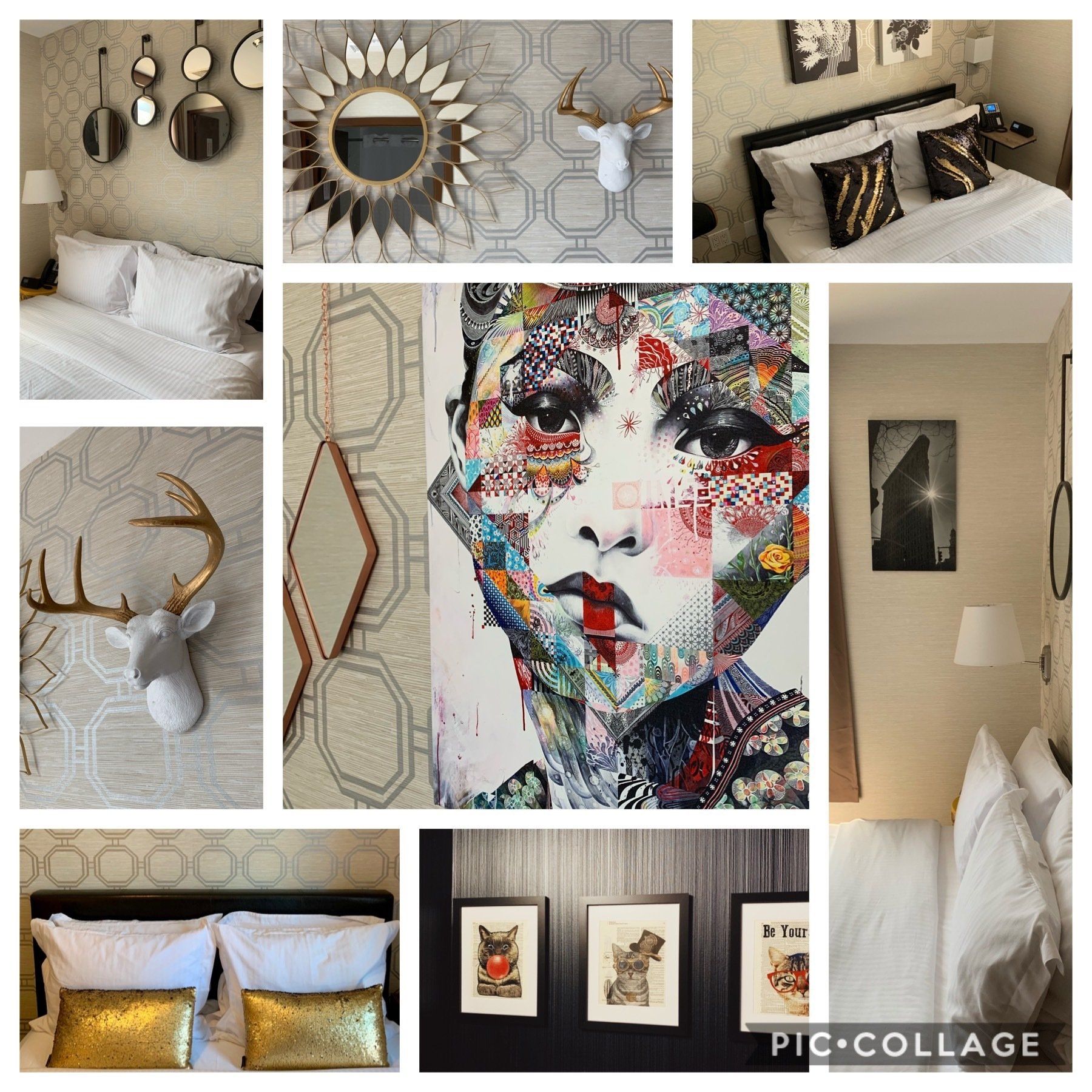 A collage of pictures of a bedroom with a deer head on the wall