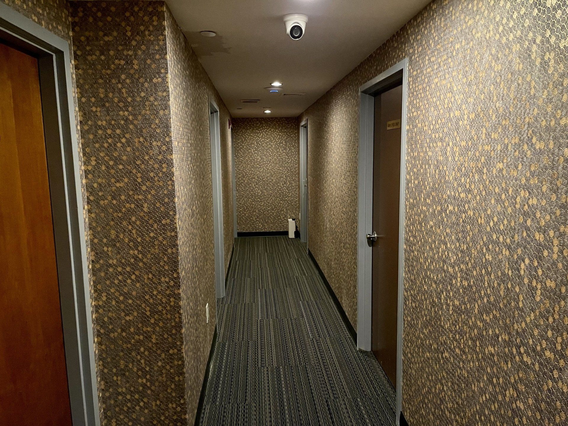A long hallway in a hotel with a camera on the ceiling.