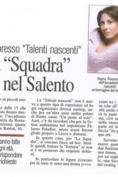 Articolo di giornale sulla trasmissione televisiva "Squadra" nel Salento, con foto di una donna.