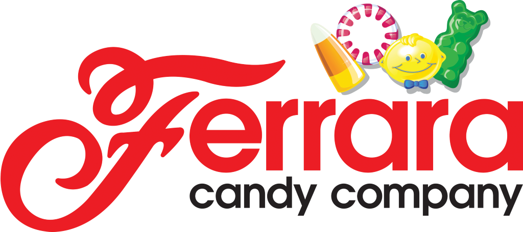 The logo for ferrara candy company shows a candy corn , gummy bear , and smiley face.