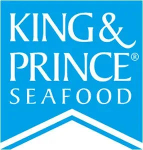 A blue and white logo for king & prince seafood