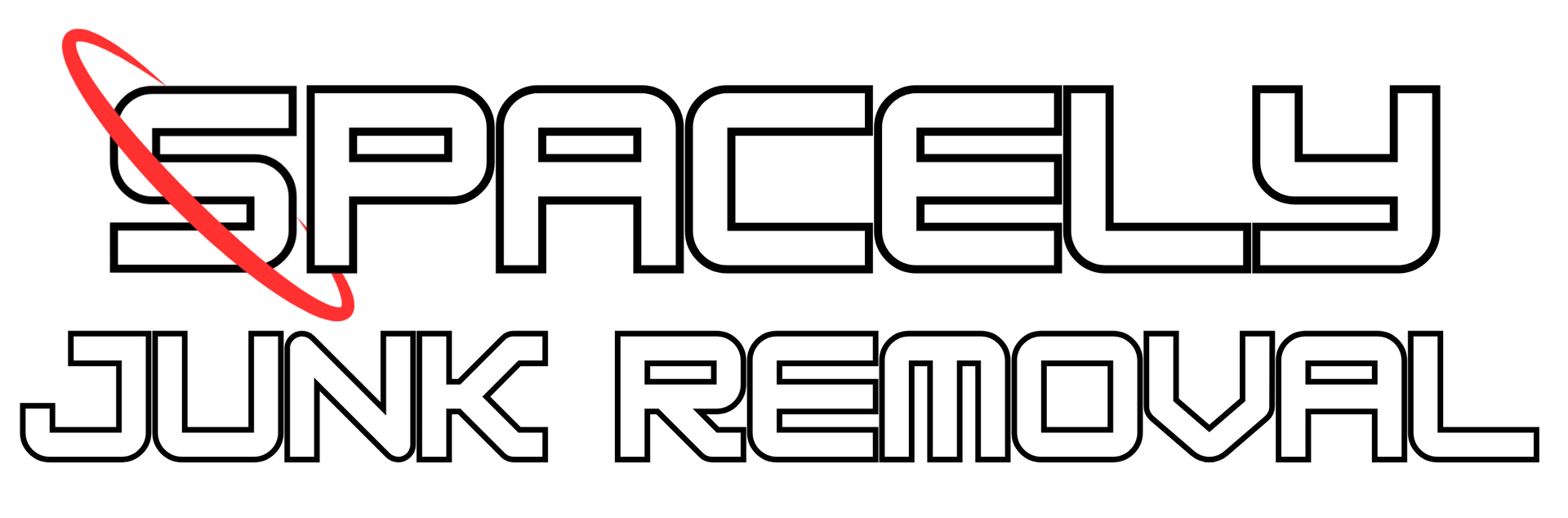 A logo for spacely junk removal with a red cross through it.