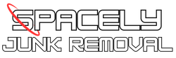 A logo for spacely junk removal with a red cross through it.