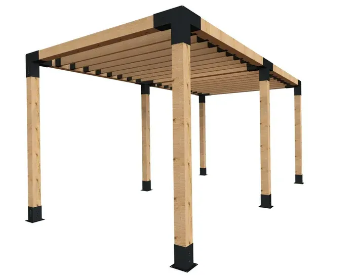 A 3d model of a wooden pergola on a white background