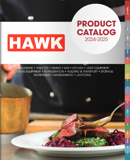 a product catalog for hawk inc shows a plate of food with a spoon in it .