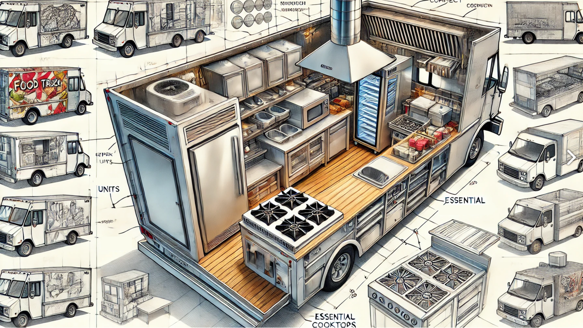 A drawing of a food truck with a kitchen inside of it.