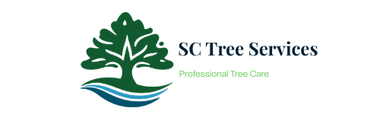 Logo for SC Tree Services, featuring a green tree icon over blue wavy lines with the text