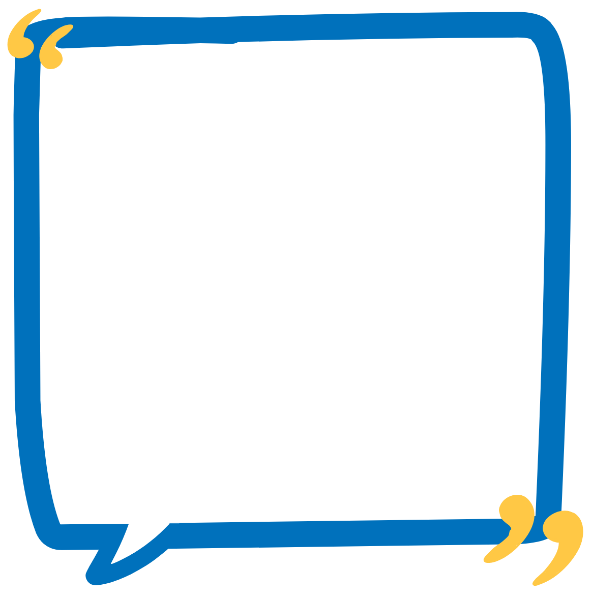 A blue square speech bubble with yellow quotes on it