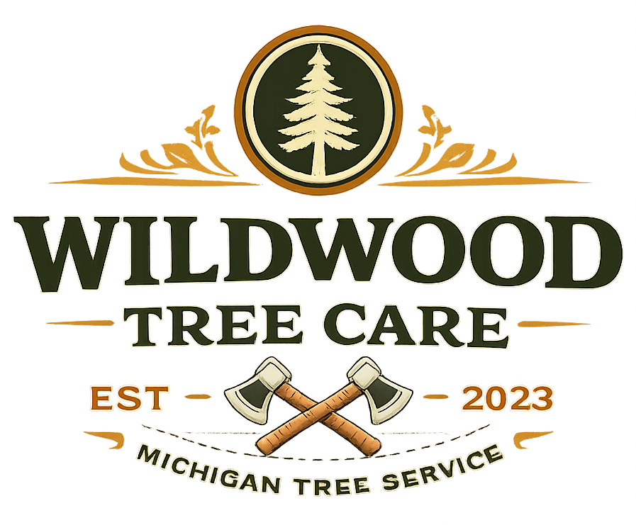 Wildwood Tree Care logo with pine tree emblem, crossed tools, and Michigan tree service text