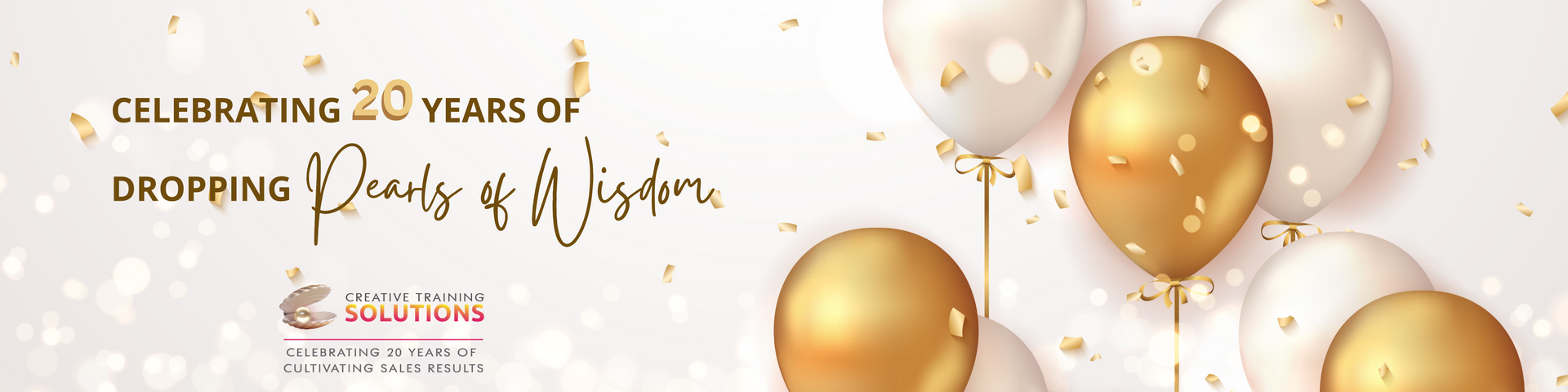 A bunch of gold and white balloons are floating in the air on a white background.