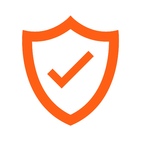 An orange shield with a check mark inside of it.