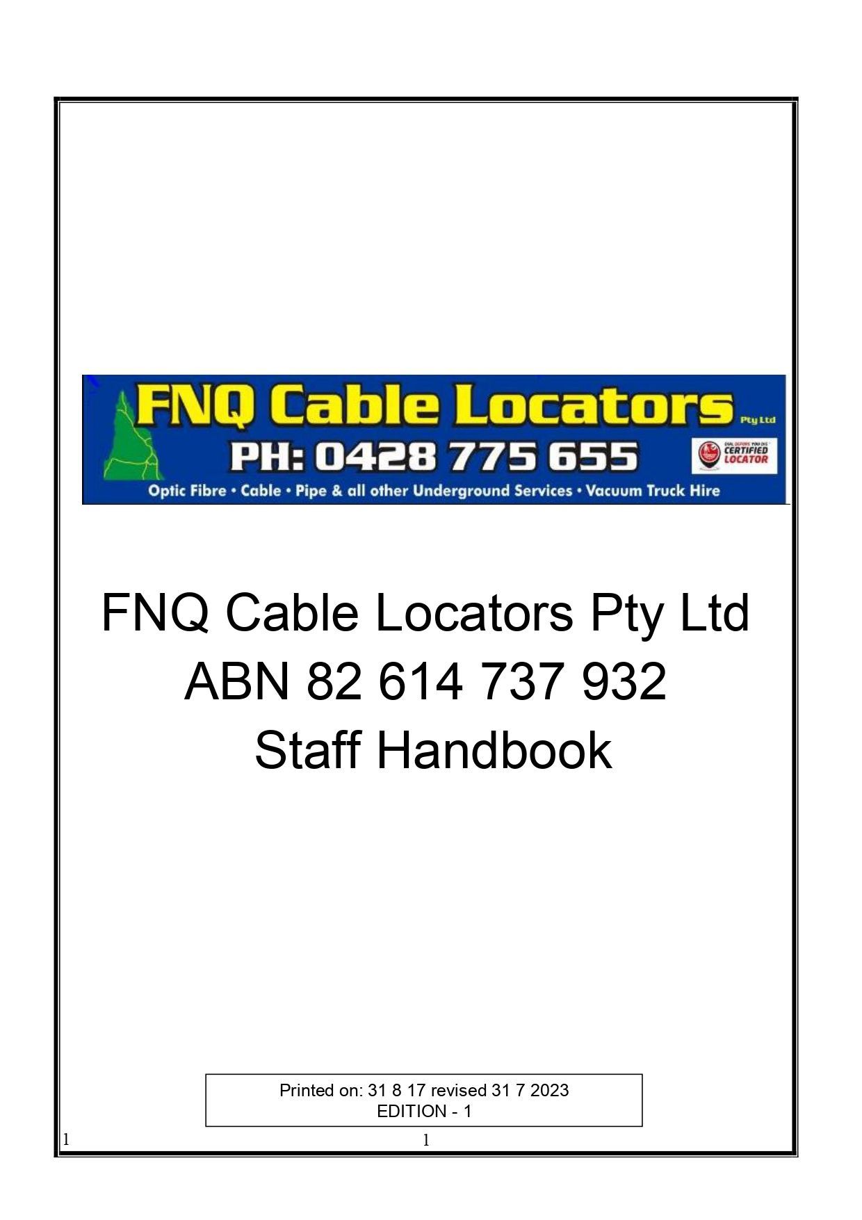 Staff Handbook  — Mareeba, QLD — FNQ Cable Locators