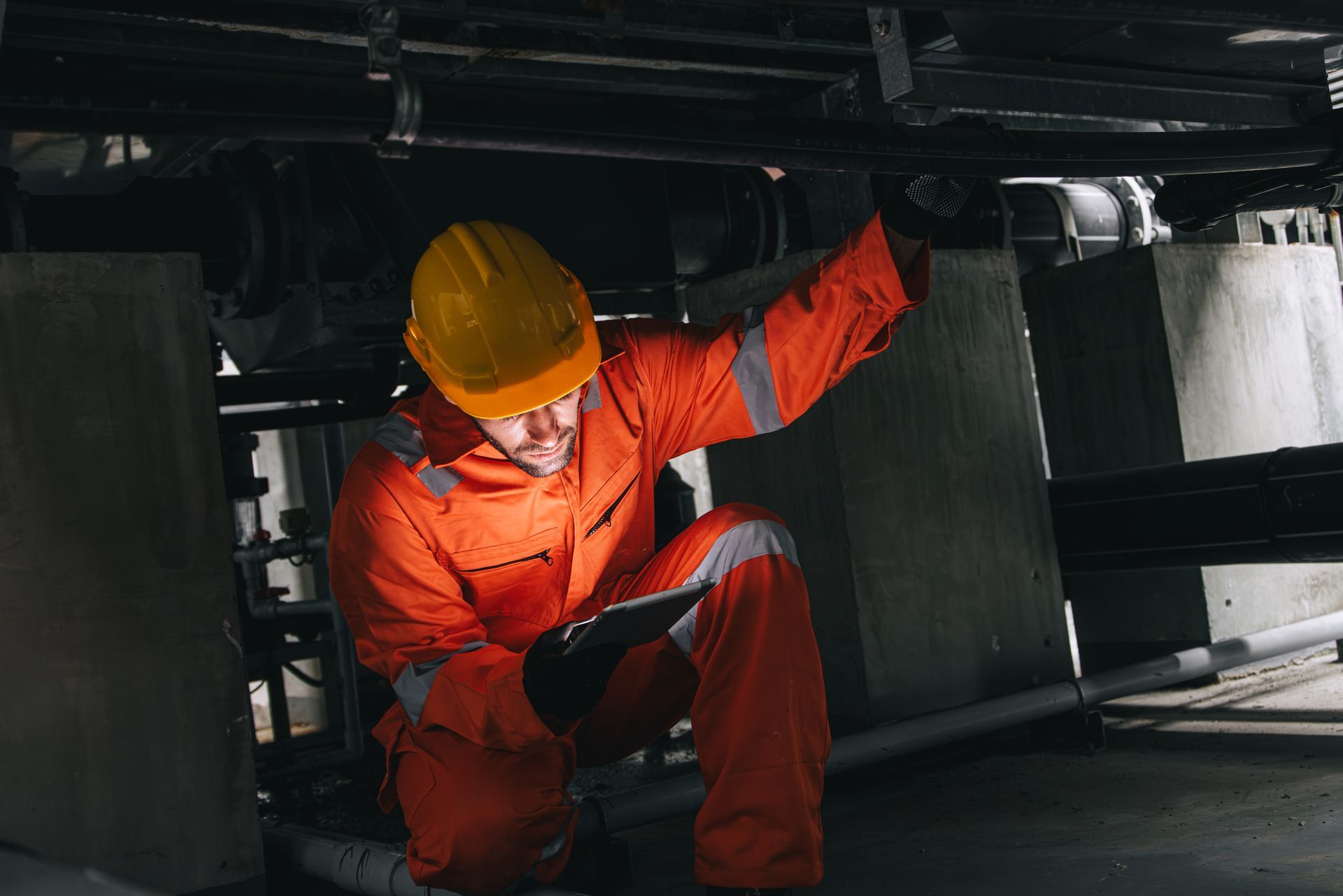 An engineer holding a tablet doing a service check of an underground water pipe tube system. An engineer holding a tablet doing a service check of an underground water pipe tube system.